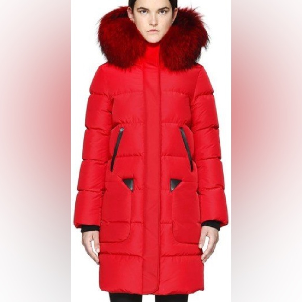 Mackage Carmela Midi Length Winter Down Coat With Fur In Red